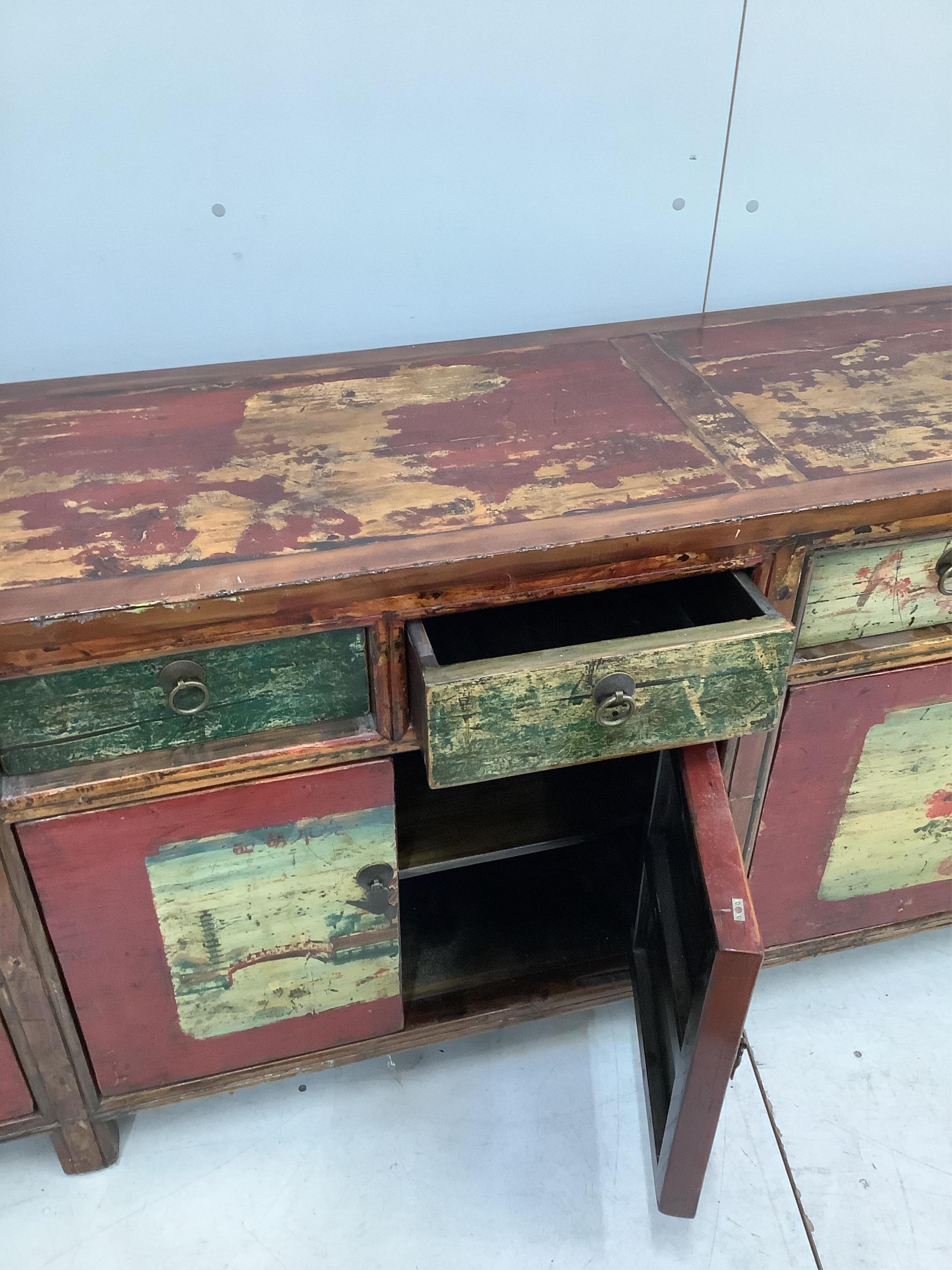 A large Chinese painted and lacquered sideboard, width 235cm, depth 46cm, height 80cm
